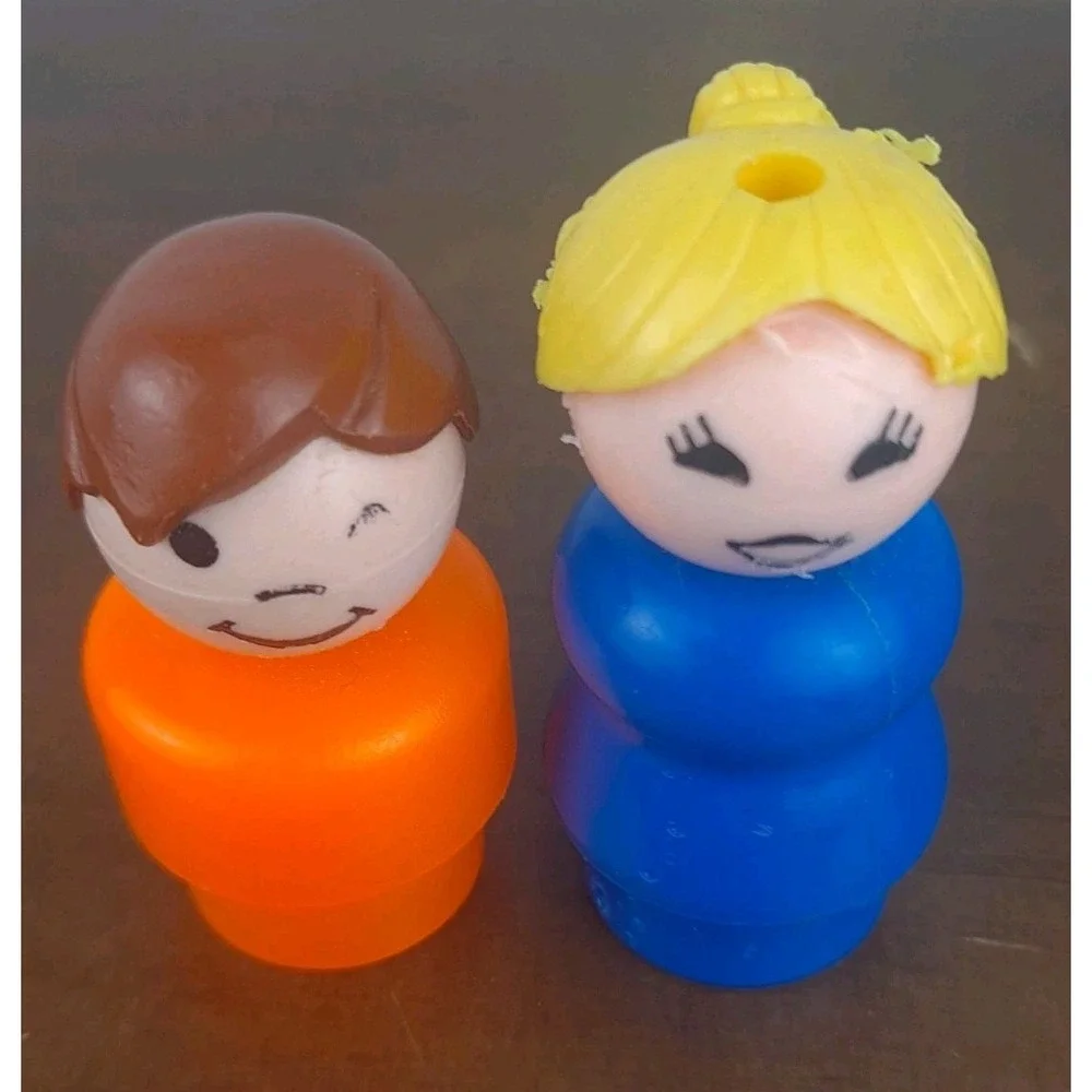 Vintage Fisher Price Little People Mom Blue Dress & Boy Orange Body 1970s Toy